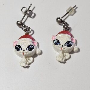 Sparkly Dangling White Cats Wearing A Santa Hat Earrings